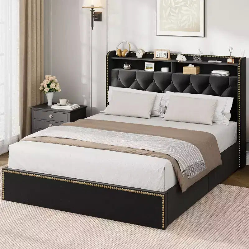 Upholstered Platform Bed Frame with 2-Tier Storage Headboard and 4 Drawers, Black Velvet