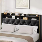 Upholstered Platform Bed Frame with 2-Tier Storage Headboard and 4 Drawers, Black Velvet