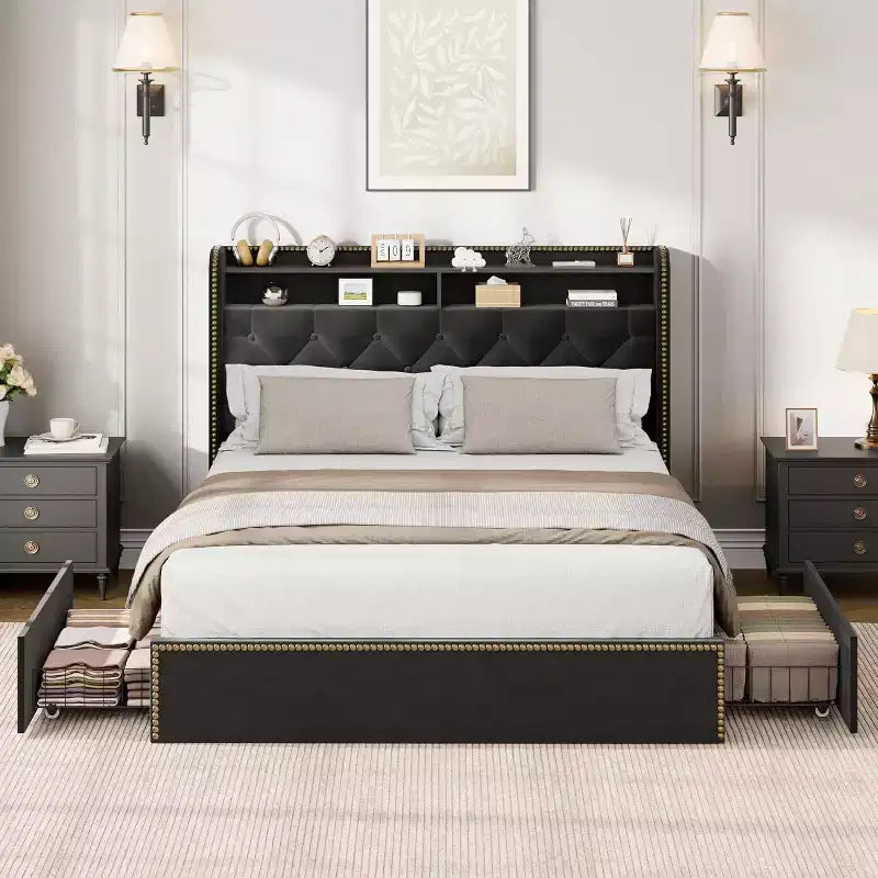 Upholstered Platform Bed Frame with 2-Tier Storage Headboard and 4 Drawers, Black Velvet