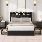 Upholstered Platform Bed Frame with 2-Tier Storage Headboard and 4 Drawers, Black Velvet