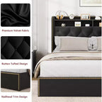 Upholstered Platform Bed Frame with 2-Tier Storage Headboard and 4 Drawers, Black Velvet