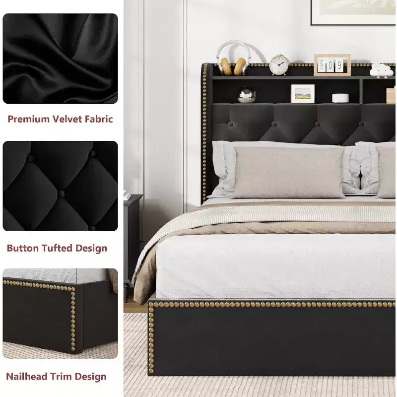 Upholstered Platform Bed Frame with 2-Tier Storage Headboard and 4 Drawers, Black Velvet