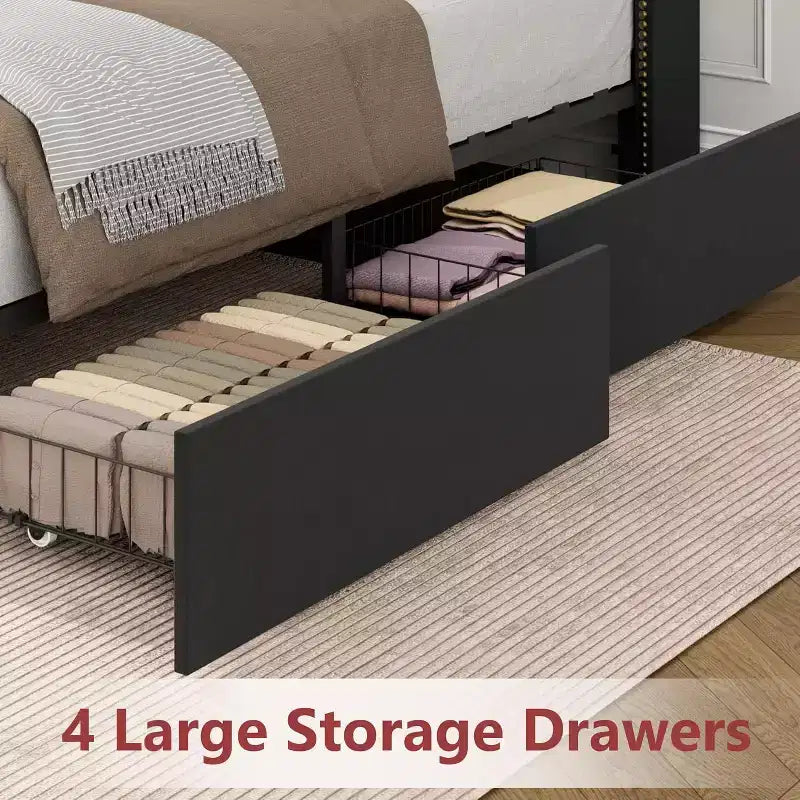 Upholstered Platform Bed Frame with 2-Tier Storage Headboard and 4 Drawers, Black Velvet