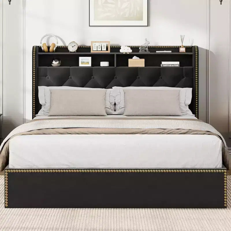 Upholstered Platform Bed Frame with 2-Tier Storage Headboard and 4 Drawers, Black Velvet