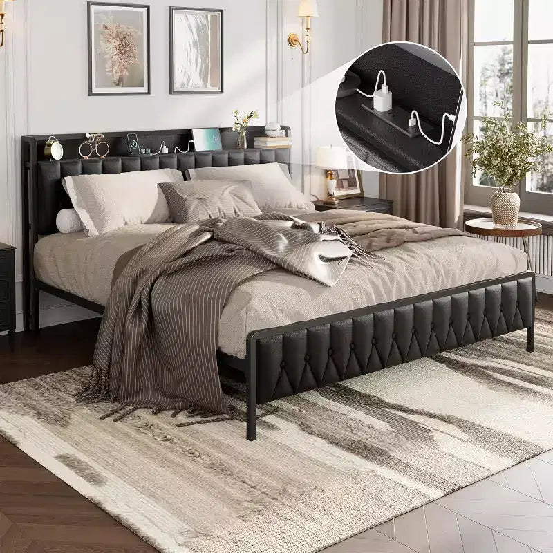 Queen Metal Bed Frame with Charging Station, Faux Leather Storage Headboard and Footboard