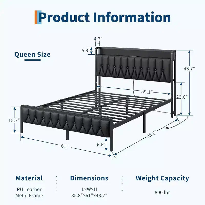 Queen Metal Bed Frame with Charging Station, Faux Leather Storage Headboard and Footboard