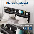 Queen Metal Bed Frame with Charging Station, Faux Leather Storage Headboard and Footboard