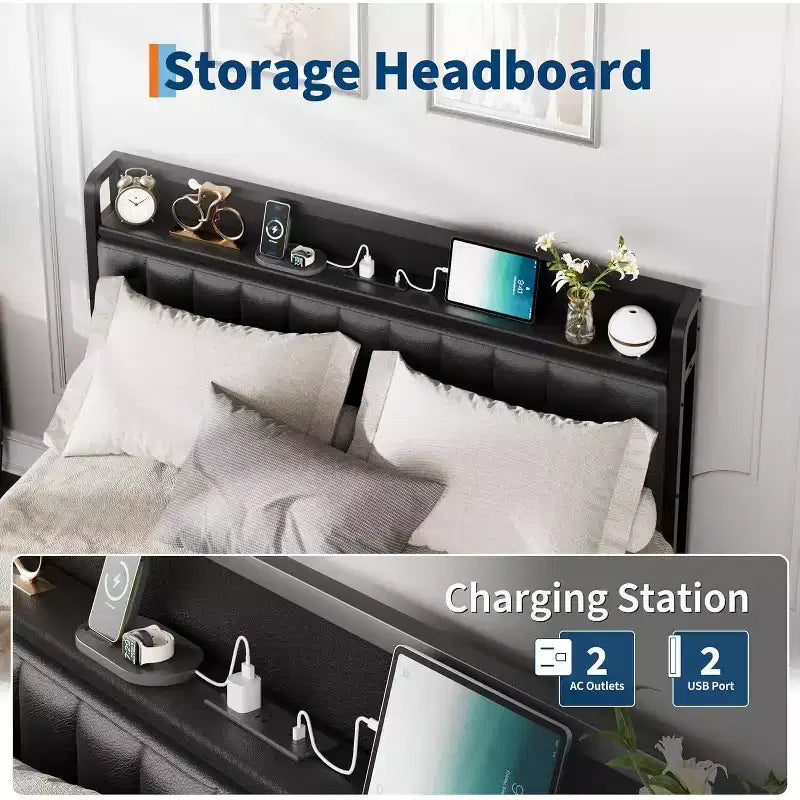 Queen Metal Bed Frame with Charging Station, Faux Leather Storage Headboard and Footboard