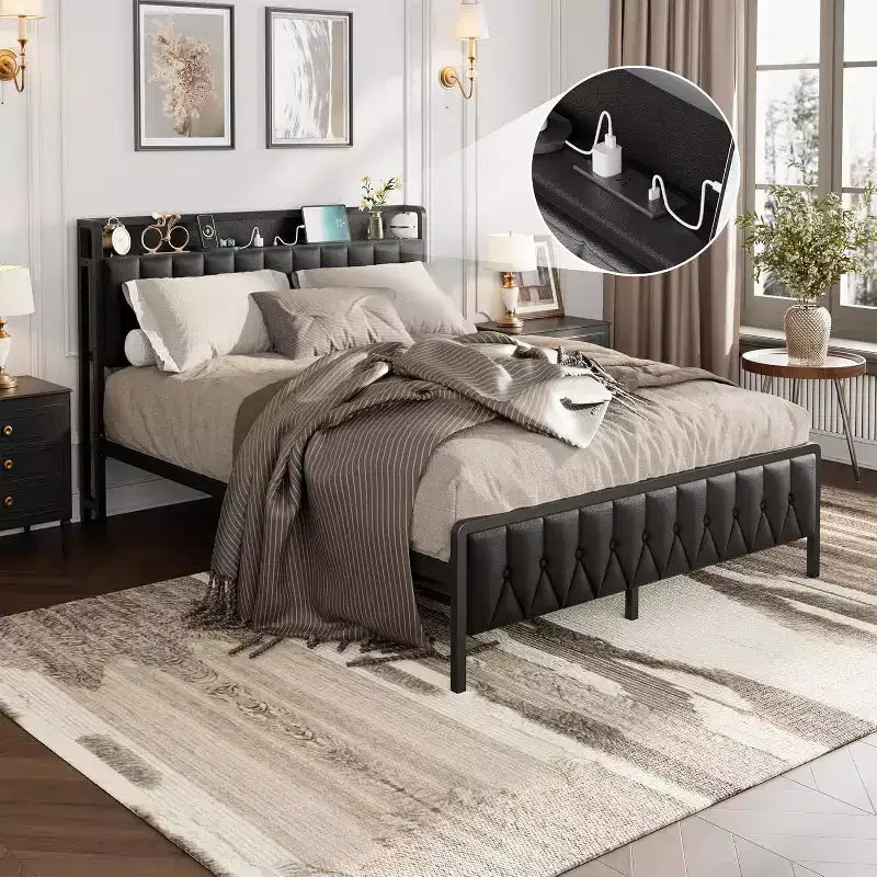Queen Metal Bed Frame with Charging Station, Faux Leather Storage Headboard and Footboard
