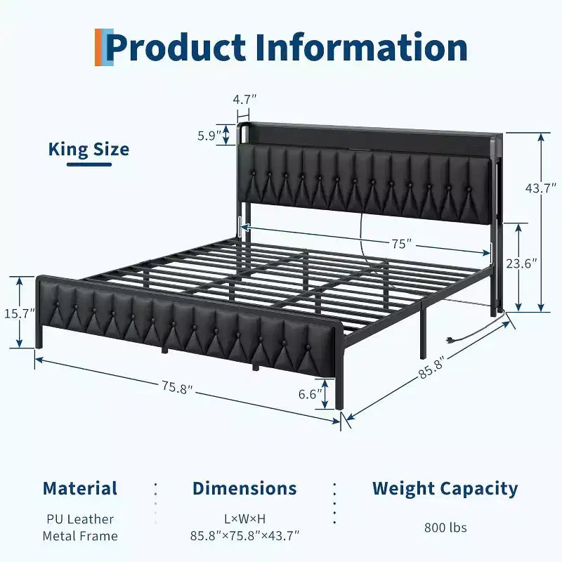 Queen Metal Bed Frame with Charging Station, Faux Leather Storage Headboard and Footboard