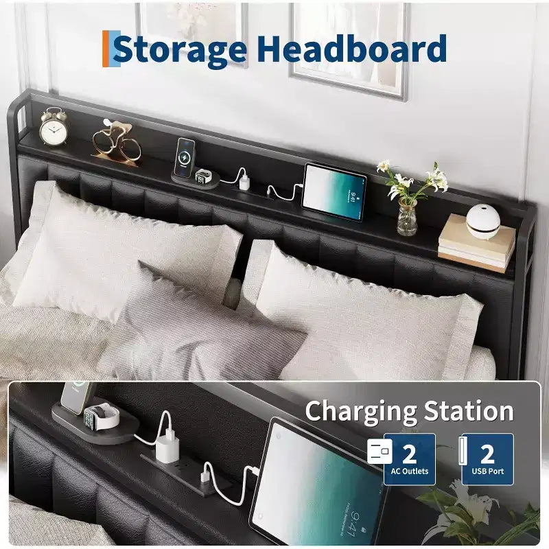 Queen Metal Bed Frame with Charging Station, Faux Leather Storage Headboard and Footboard