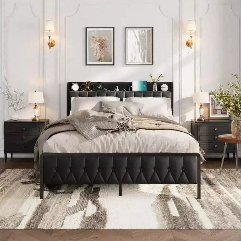 Acekool Queen Metal Bed Frame with Charging Station, Faux Leather Storage Headboard and Footboard