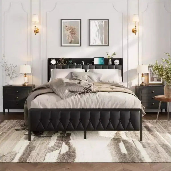 Acekool Queen Metal Bed Frame with Charging Station, Faux Leather Storage Headboard and Footboard
