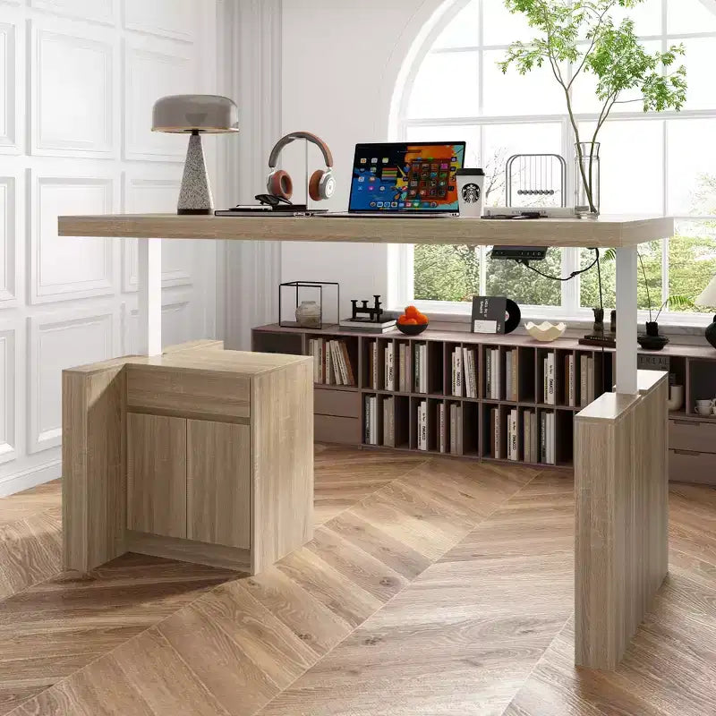 Height-Adjustable Computer Desk Office Desk Built-In Storage Cabinet & Drawer