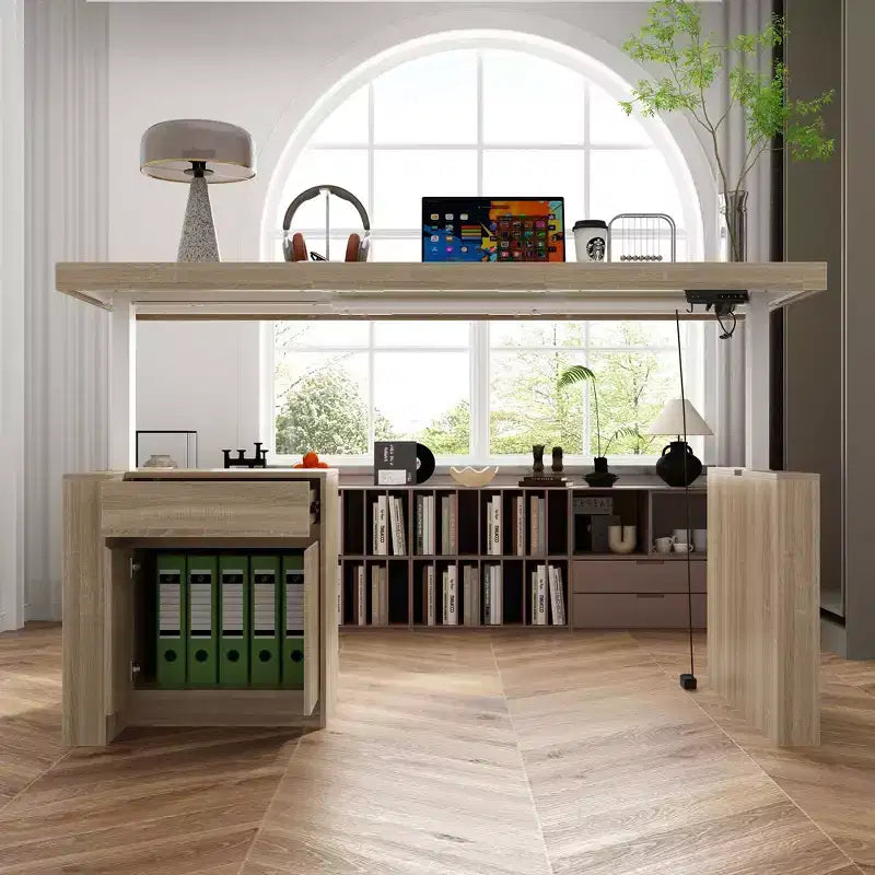 Height-Adjustable Computer Desk Office Desk Built-In Storage Cabinet & Drawer