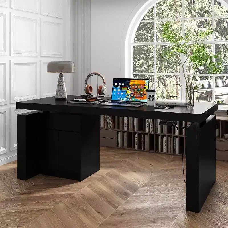 Height-Adjustable Computer Desk Office Desk Built-In Storage Cabinet & Drawer