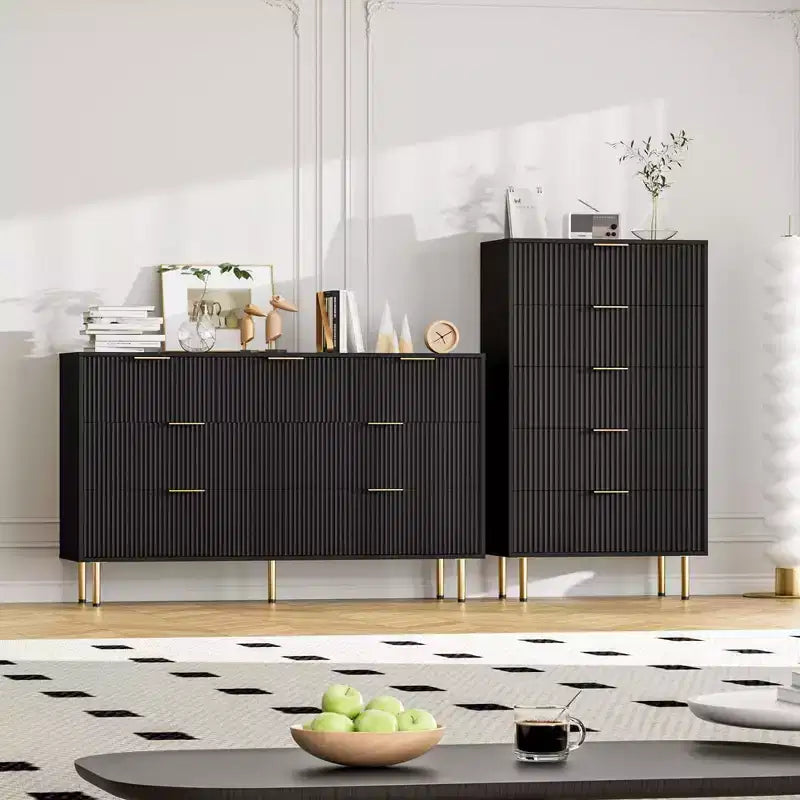 7-Schubladen-Kommode für Schlafzimmer, moderner Holz-Aufbewahrungsorganizer mit goldenen Metallgriffen & Kippschutz für Flur, Eingangsbereich