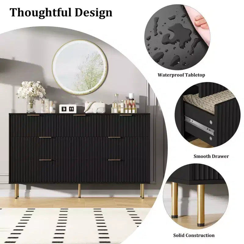 7 Drawer Dresser for Bedroom, Modern Wood Storage Dresser Organizer with Gold Metal Handles & Anti-Tipping Device for Hallway, Entryway
