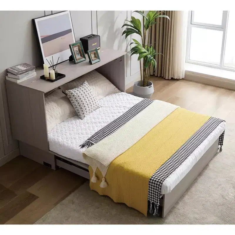 Modern Wooden Murphy Bed Chest with Folding Foam Mattress, Charging Station and Storage Drawers
