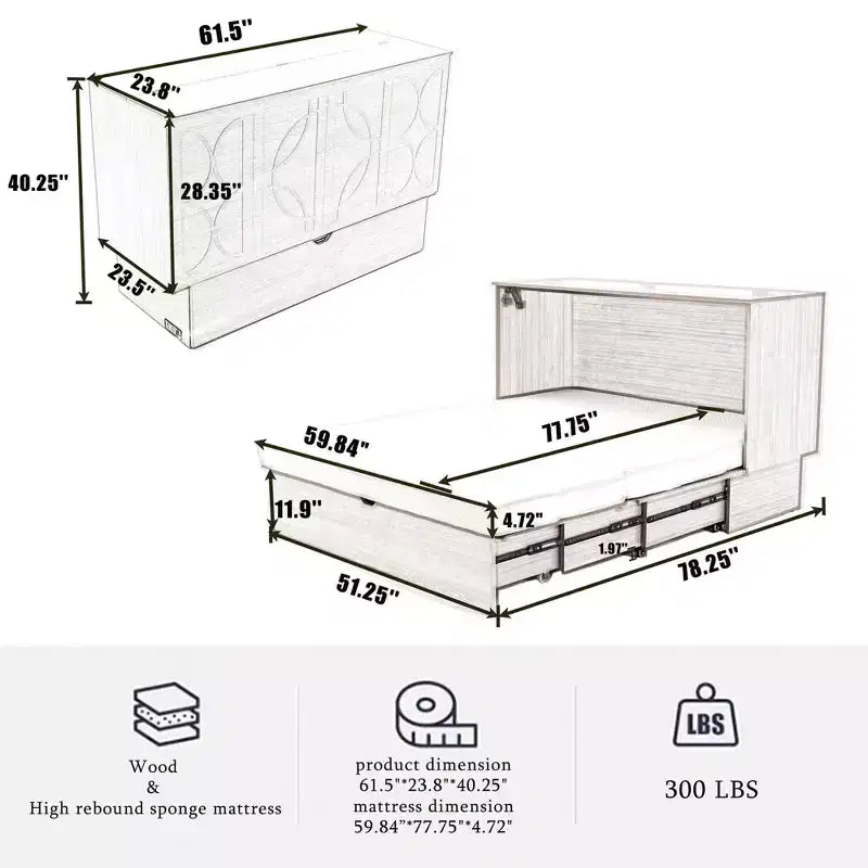 Modern Wooden Murphy Bed Chest with Folding Foam Mattress, Charging Station and Storage Drawers