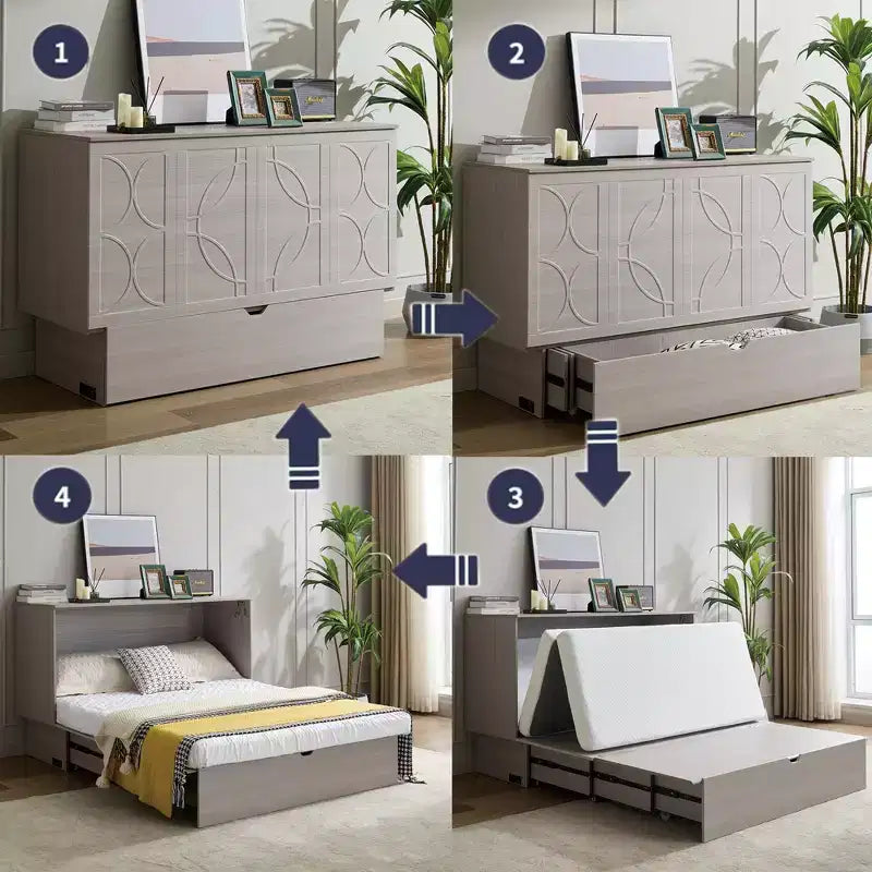 Modern Wooden Murphy Bed Chest with Folding Foam Mattress, Charging Station and Storage Drawers