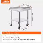 Stainless Steel Workbench Commercial Food Prep Table with 4 Wheels, 3-sided Splash Guard, Heavy-duty Metal Work Table for Restaurant, Home, and Hotel