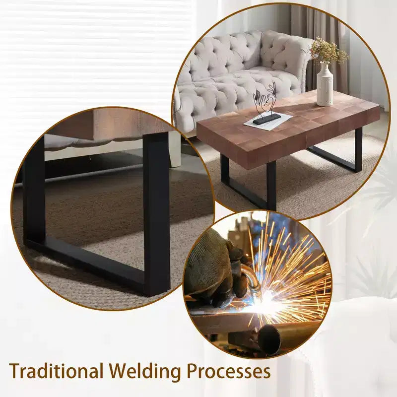 Rustic Coffee Table with Metal Legs,47.2 Handcrafted Center Table for Living Room,Wooden Top Accent Table for Home Decor,Brown/Black