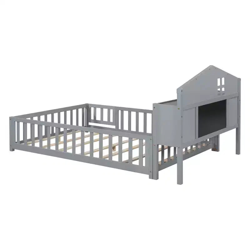 Vollgroßes Bodenbett, Massivholz-Plattformbett mit Schutzgeländern und Stauraum-Kopfteil, geeignet für Kinder und Jugendliche