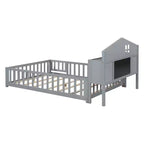 Vollgroßes Bodenbett, Massivholz-Plattformbett mit Schutzgeländern und Stauraum-Kopfteil, geeignet für Kinder und Jugendliche