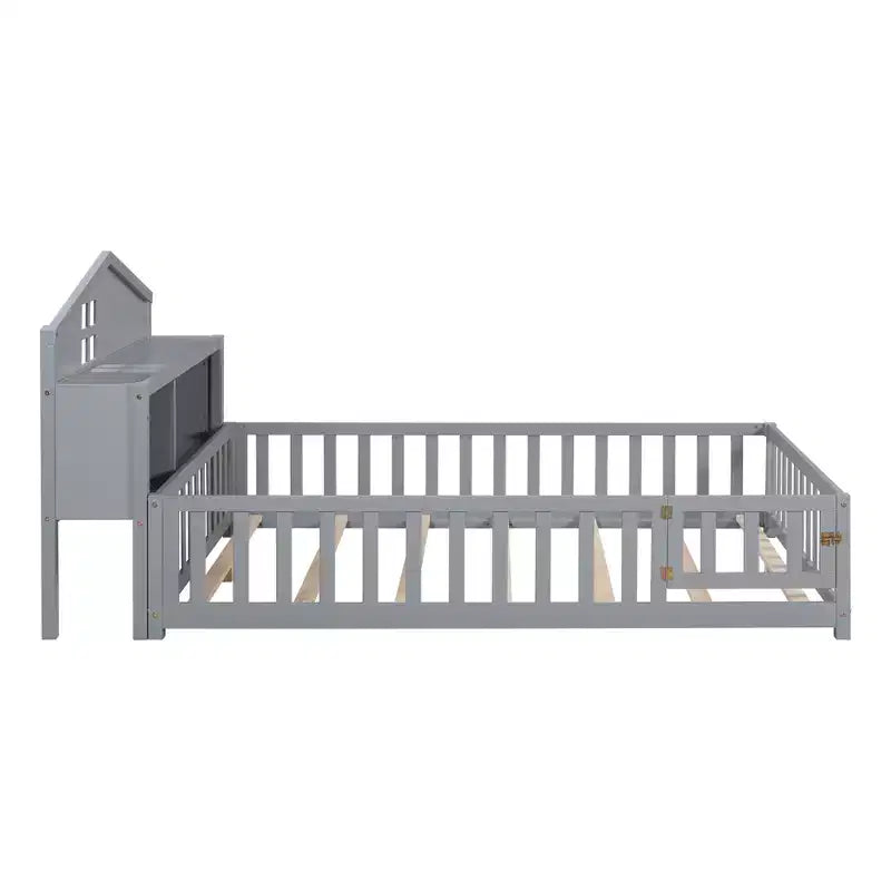 Vollgroßes Bodenbett, Massivholz-Plattformbett mit Schutzgeländern und Stauraum-Kopfteil, geeignet für Kinder und Jugendliche