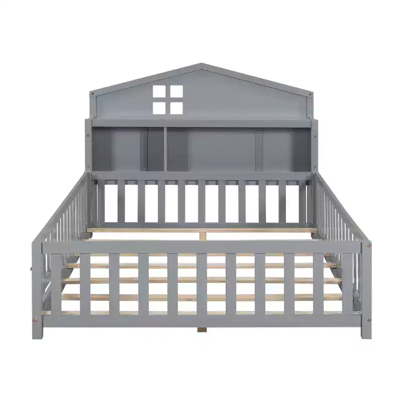 Vollgroßes Bodenbett, Massivholz-Plattformbett mit Schutzgeländern und Stauraum-Kopfteil, geeignet für Kinder und Jugendliche