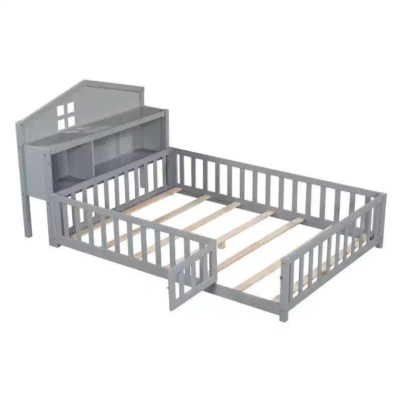 Vollgroßes Bodenbett, Massivholz-Plattformbett mit Schutzgeländern und Stauraum-Kopfteil, geeignet für Kinder und Jugendliche