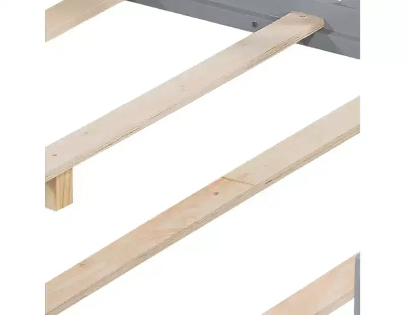Vollgroßes Bodenbett, Massivholz-Plattformbett mit Schutzgeländern und Stauraum-Kopfteil, geeignet für Kinder und Jugendliche