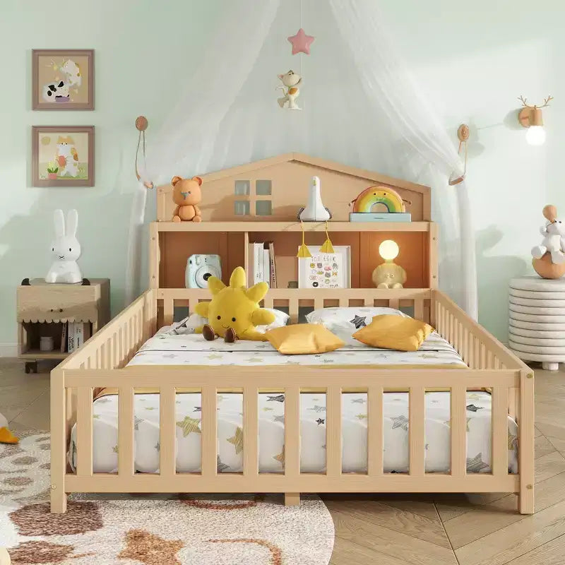 Vollgroßes Bodenbett, Massivholz-Plattformbett mit Schutzgeländern und Stauraum-Kopfteil, geeignet für Kinder und Jugendliche