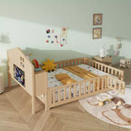Vollgroßes Bodenbett, Massivholz-Plattformbett mit Schutzgeländern und Stauraum-Kopfteil, geeignet für Kinder und Jugendliche