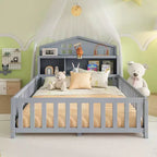 Vollgroßes Bodenbett, Massivholz-Plattformbett mit Schutzgeländern und Stauraum-Kopfteil, geeignet für Kinder und Jugendliche