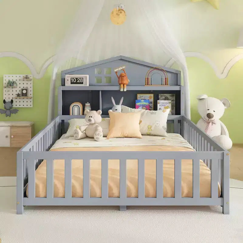 Full-size floor bed, solid wood platform bed, with guardrails and storage headboard, suitable for children and teenagers.