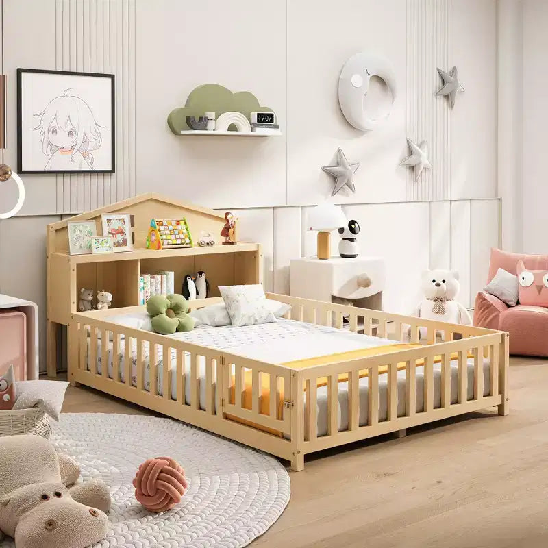 Vollgroßes Bodenbett, Massivholz-Plattformbett mit Schutzgeländern und Stauraum-Kopfteil, geeignet für Kinder und Jugendliche