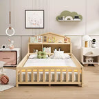 Vollgroßes Bodenbett, Massivholz-Plattformbett mit Schutzgeländern und Stauraum-Kopfteil, geeignet für Kinder und Jugendliche