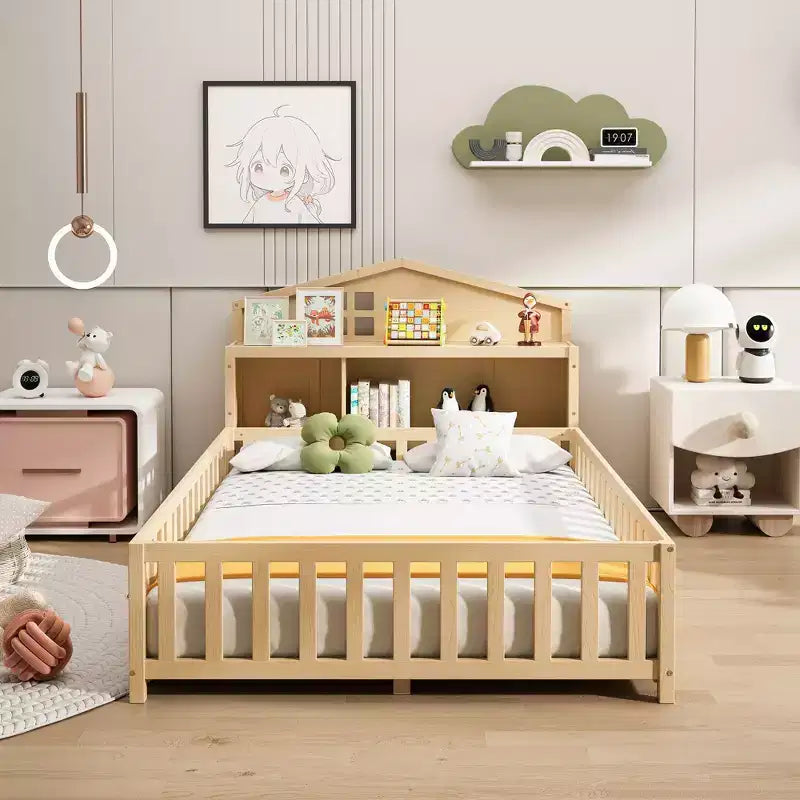 Vollgroßes Bodenbett, Massivholz-Plattformbett mit Schutzgeländern und Stauraum-Kopfteil, geeignet für Kinder und Jugendliche