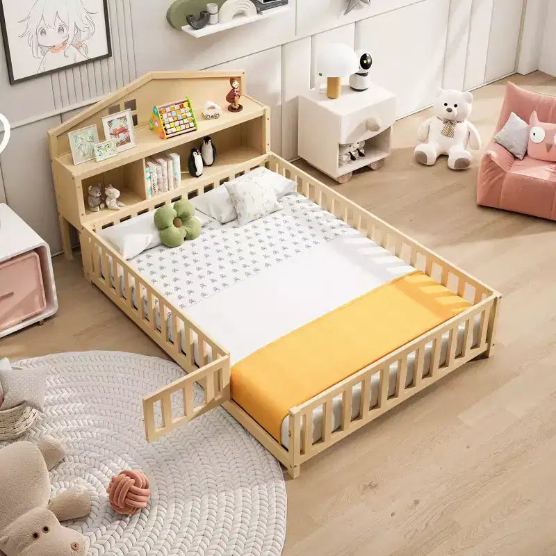 Vollgroßes Bodenbett, Massivholz-Plattformbett mit Schutzgeländern und Stauraum-Kopfteil, geeignet für Kinder und Jugendliche