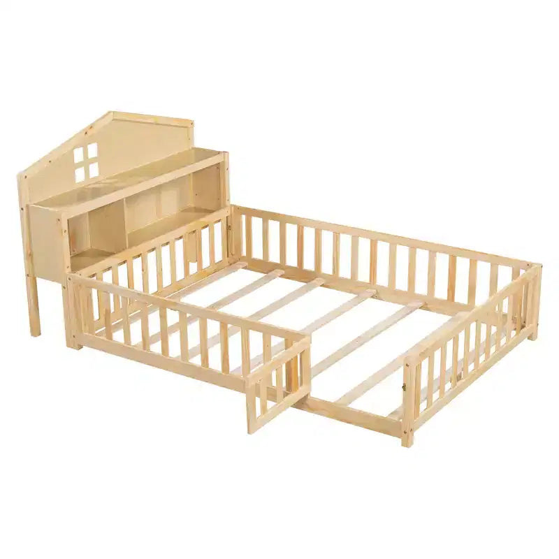 Vollgroßes Bodenbett, Massivholz-Plattformbett mit Schutzgeländern und Stauraum-Kopfteil, geeignet für Kinder und Jugendliche
