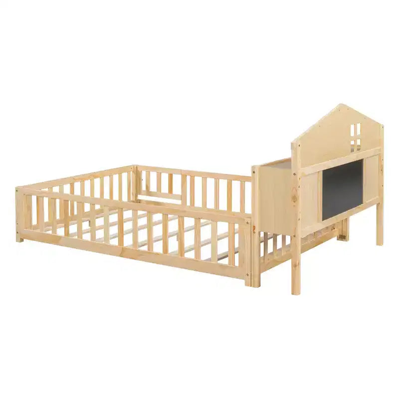 Vollgroßes Bodenbett, Massivholz-Plattformbett mit Schutzgeländern und Stauraum-Kopfteil, geeignet für Kinder und Jugendliche