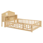 Vollgroßes Bodenbett, Massivholz-Plattformbett mit Schutzgeländern und Stauraum-Kopfteil, geeignet für Kinder und Jugendliche