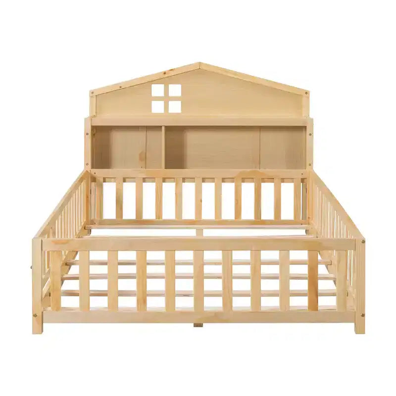 Vollgroßes Bodenbett, Massivholz-Plattformbett mit Schutzgeländern und Stauraum-Kopfteil, geeignet für Kinder und Jugendliche