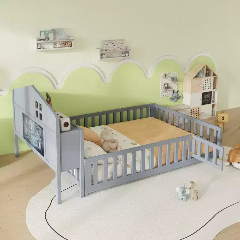 Vollgroßes Bodenbett, Massivholz-Plattformbett mit Schutzgeländern und Stauraum-Kopfteil, geeignet für Kinder und Jugendliche