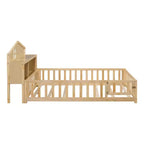 Vollgroßes Bodenbett, Massivholz-Plattformbett mit Schutzgeländern und Stauraum-Kopfteil, geeignet für Kinder und Jugendliche
