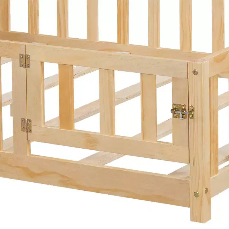 Vollgroßes Bodenbett, Massivholz-Plattformbett mit Schutzgeländern und Stauraum-Kopfteil, geeignet für Kinder und Jugendliche