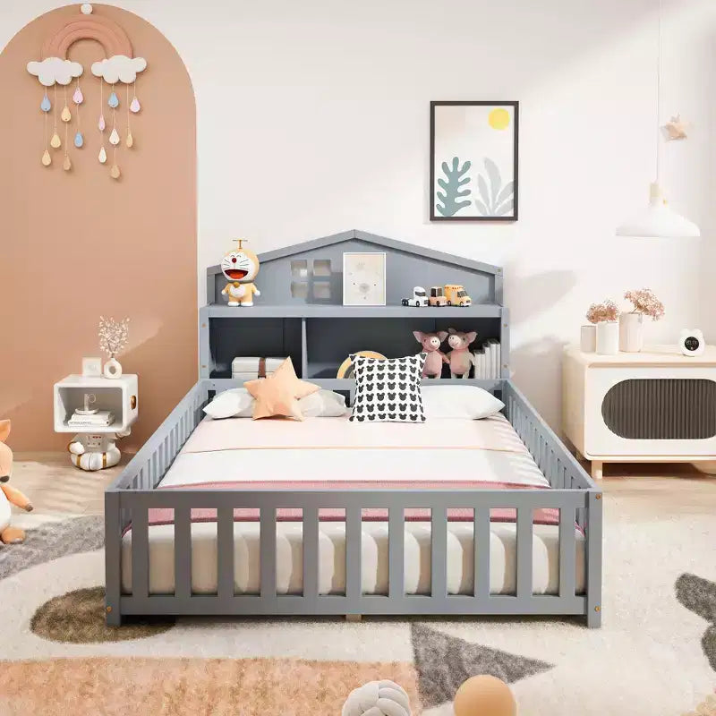 Full-size floor bed, solid wood platform bed, with guardrails and storage headboard, suitable for children and teenagers.