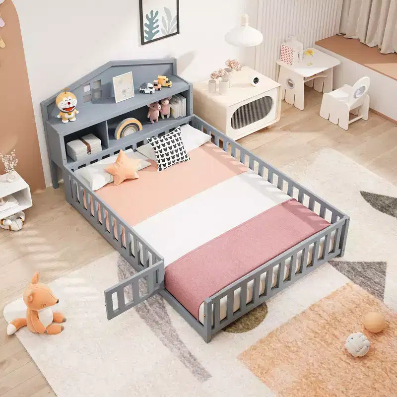 Vollgroßes Bodenbett, Massivholz-Plattformbett mit Schutzgeländern und Stauraum-Kopfteil, geeignet für Kinder und Jugendliche
